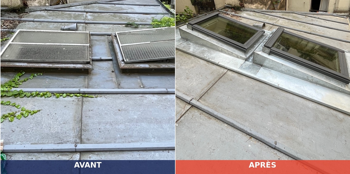Avant/après remplacement de deux châssis parisiens par deux fenêtres de toit Velux habillées en zinc